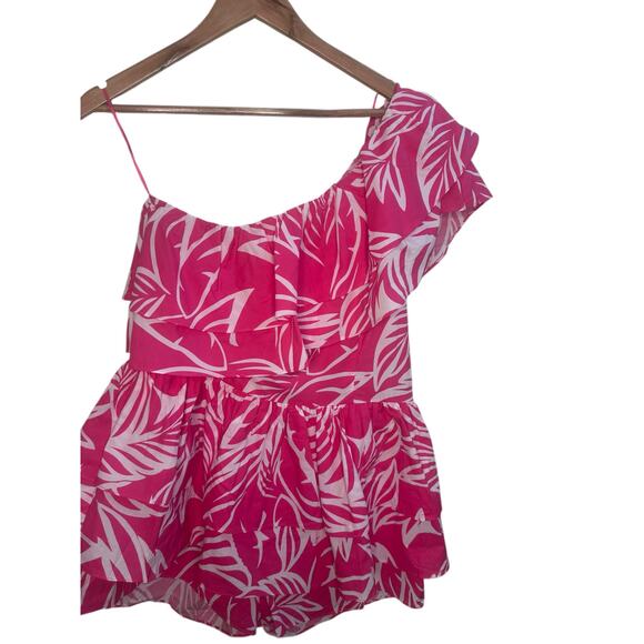 Azura Pink Tropical One Shoulder Ruffle Romper with pockets– Size L - Picture 7 of 14